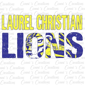 Puede incluir: Un diseño gráfico desgastado con el texto "LAUREL CHRISTIAN LIONS" en amarillo y azul. El gráfico presenta una cara de león con un patrón de rayas amarillas y azules.