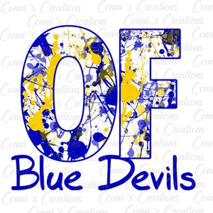 Puede incluir: Un fondo blanco con las letras "OF" en salpicaduras de pintura azul y amarilla. Debajo de las letras está el texto "Blue Devils" en azul.