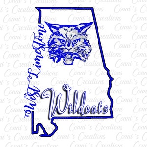Könnte beinhalten: Eine blaue und weiße Illustration eines Wildkatzen-Maskottchens innerhalb der Umrisse des Bundesstaates Alabama. Der Text "West Limestone Wildcats" ist in blauer Kursivschrift geschrieben.