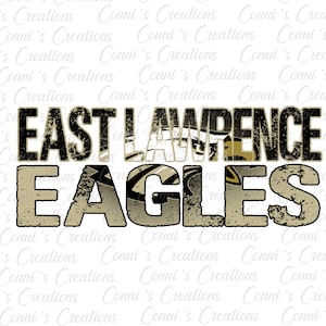 Może przedstawiać: Zniszczony graficzny projekt w kolorze czarnym i złotym z tekstem "EAST LAWRENCE EAGLES".