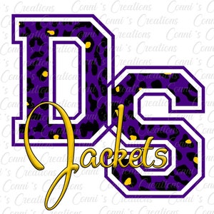 May include: Purple and gold varsity letter D and S with a leopard print pattern. The letters are outlined in white and the word "Jackets" is written in gold below the letters.