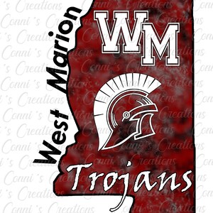 May include: A red and white graphic design of the state of Mississippi with the text "West Marion Trojans" and the letters "WM" in white. A white Spartan helmet is in the center of the design.