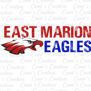May include: A red, white, and blue distressed graphic design with the text "East Marion Eagles". The graphic features a red eagle with a white beak and white eyes.