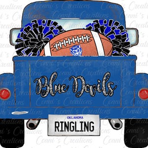 May include: A blue vintage truck illustration with a football, pom-poms, and the text "Blue Devils." The football has the letters "RHS" and a devil logo. The license plate reads "RINGLING" and "OKLAHOMA."