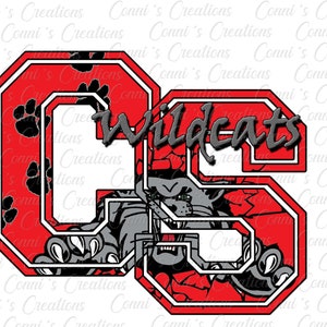 May include: Red and white varsity letter "C" with a gray and white wildcat mascot inside. The letter has a paw print pattern and the word "Wildcats" is written in gray above the mascot.
