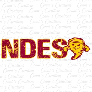 May include: A maroon and gold graphic featuring the word "NDES" in a distressed font, accompanied by a cartoon tornado mascot. The design is set against a white background with the text "Conni's Creations" repeated.