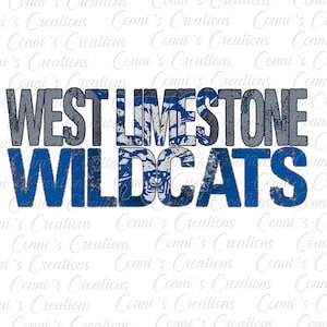 Könnte beinhalten: Ein verwittertes blaues und graues Grafikdesign mit dem Text "WEST LIMESTONE WILDCATS".