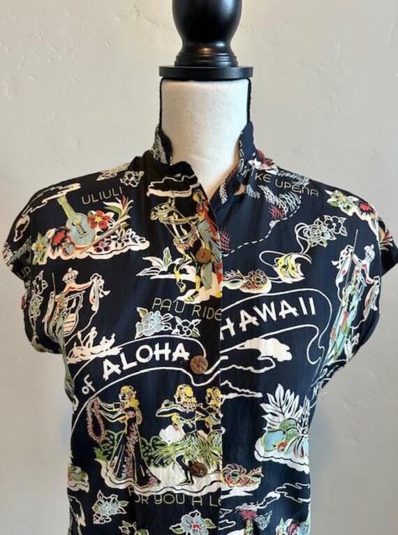 Vintage Hale Hawaii Land of Aloha Tea Timer Rayon Blouse, 1940's Hawaiian View 3