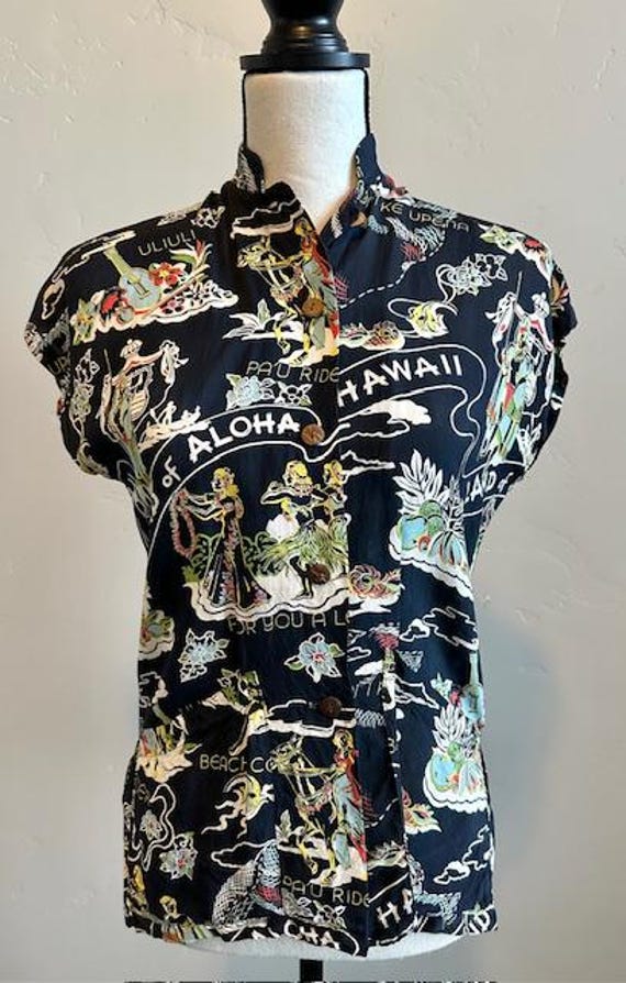 Vintage Hale Hawaii Land of Aloha Tea Timer Rayon Blouse, 1940's Hawaiian