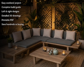 DIY Outdoor Corner Sofa Plans | Scaffold Board Garden Furniture PDF | L-Shaped Patio Sofa Build Plans & Coffee Tables
