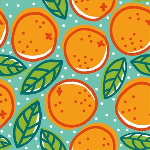 以下が含まれることがあります： 薄い青色の背景に白い水玉模様が施され、オレンジのスライスと緑の葉が描かれたシームレスなパターンです。