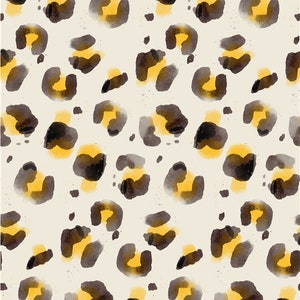 May include: A seamless pattern featuring a leopard print design. The background is a light beige color, and the spots are a mix of yellow and brown.