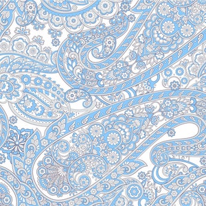 以下が含まれることがあります： 白地に青とグレーの paisley 柄のシームレスパターン。パターンは複雑で詳細に描かれており、さまざまな花柄と paisley モチーフが使用されています。