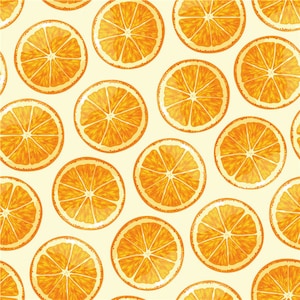 以下が含まれることがあります： 明るい黄色の背景にオレンジのスライスのシームレスパターン。オレンジは鮮やかなオレンジ色で、詳細なセグメントと光沢のある外観をしています。生地や壁紙に最適です。