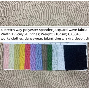 May include: A sample of 4-way stretch polyester spandex jacquard wave fabric. The fabric is 155cm (61 inches) wide and weighs 210gsm. The image shows a variety of colors, including pink, yellow, red, purple, blue, and black. The fabric is suitable for clothing, dancewear, and DIY projects.