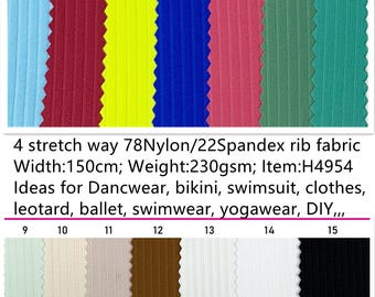 15 colors 78Nylon / 22Spandex 230GSM 4 stretch way thicker ribbed fabric - ideas for swimwear,bikini, leggings, clothes, Price sold by Yard