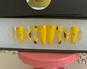 Hand Painted Sunflower Press On Nails, Yellow Glamour False Nails