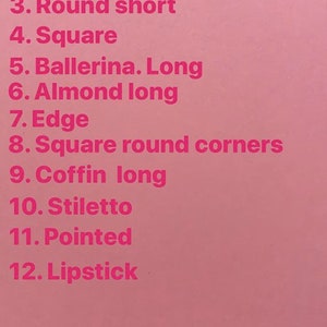 May include: A pink background with a list of nail shapes and a lipstick. The list includes: Almond short, Round long, Round short, Square, Ballerina long, Almond long, Edge, Square round corners, Coffin long, Stiletto, Pointed.