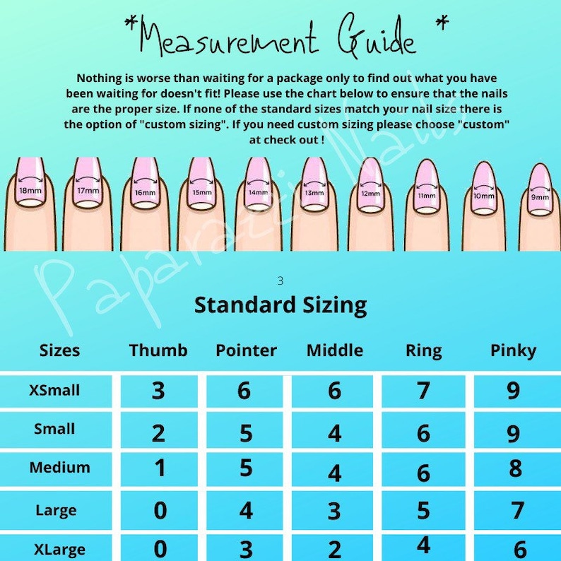 K&ouml;nnte beinhalten: Eine Gr&ouml;&szlig;entabelle f&uuml;r Nagelgr&ouml;&szlig;en mit Fingerillustrationen und Millimeterangaben. Die Tabelle zeigt Standardgr&ouml;&szlig;en f&uuml;r Daumen, Zeigefinger, Mittelfinger, Ringfinger und kleinen Finger, von XSmall bis XLarge.