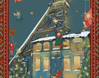 Op de afbeelding: Een feestelijke illustratie van een mijnschachtbok in Saint-Etienne in de winter, met figuren in rood en groen, kerstbomen, vallende sneeuw en gele sterren. De tekst luidt Saint-Etienne En attendant Noël.
