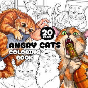May include: An Angry Cats coloring book with 20 pages featuring illustrations of various cats with aggressive expressions, including a colored orange tabby cat biting a hand and another orange tabby cat holding a bottle, alongside line art cats.