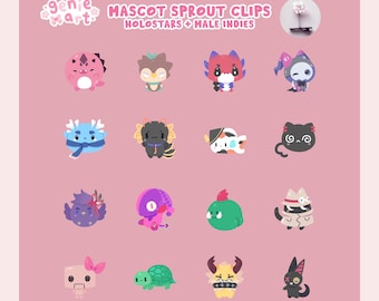 Puede incluir: Una colección de dieciséis coloridos clips de brotes de mascota con varios personajes de dibujos animados, incluyendo animales y criaturas míticas. El texto dice Genie Art, Mascot Sprout Clips y Holostars + Male Indies. Cada clip tiene un resorte.