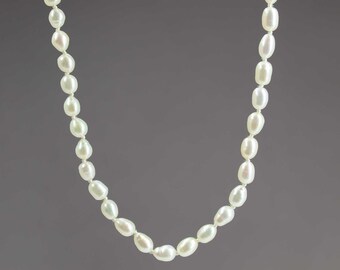 Hand Knotted Cream Rice Pearl Necklace 34 Inch Endless Strand, June Birthstone Jewelry Gift