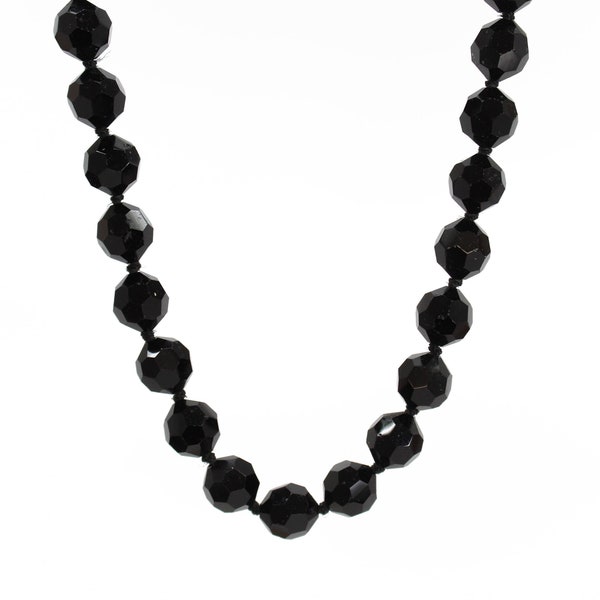 Les Bernard Black Faceted Bead Ketting 30 Inch Strand, Gesigneerde Kostuum Juwelen, Zwarte Trui Ketting