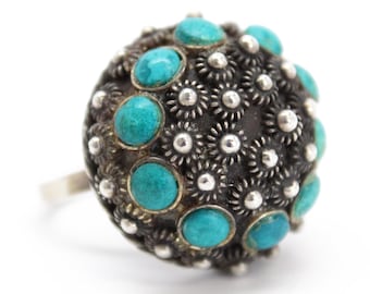 Vintage Turquoise and Sterling Silver Dome Ring, 5.25 US, Unique Turquoise Statement Ring, Vintage Cocktail Ring