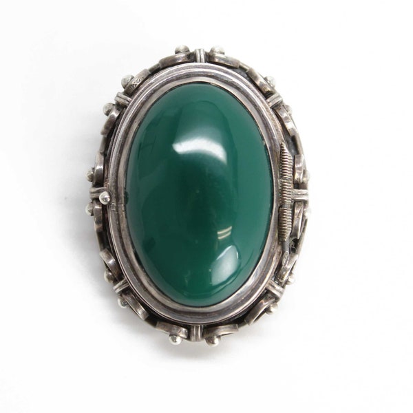 Vintage Green Agate Locket Brooch Hecho En Mexico 925, Green Brooch, Handmade Green Locket, 1950's Jewelry