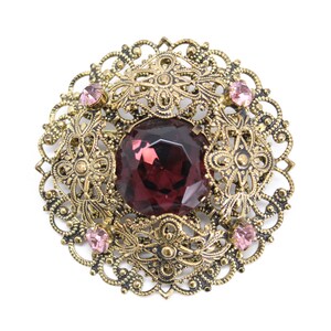 Vintage Gold Tone Filigree Brooch with Purple Crystal, Round Gold Tone and Purple Pin, Costume Jewelry