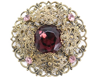 Vintage Gold Tone Filigree Brooch with Purple Crystal, Round Gold Tone and Purple Pin, Costume Jewelry