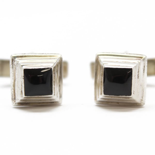 Onyx and Sterling Silver Cufflinks, Signed TF 925, Square Cuff Links, Geometric Cufflinks