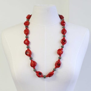 Vintage Bold Chunky Genuine Red Coral Necklace with Silver Tone Beads, 30&quot; Endless Strand