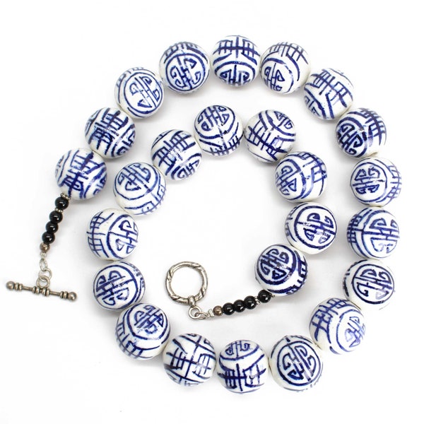 Chinese Porcelain Bead Necklace, Blue and White Super Chunky Beaded Necklace, Shou Symbol, Asian Inspired Jewelry, Recycle Up Cycle Beads