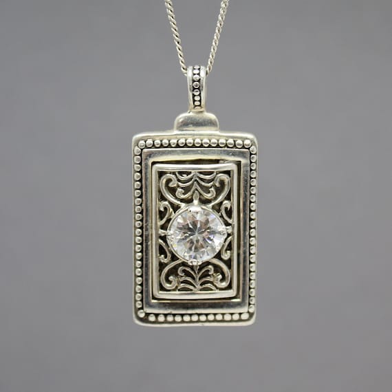 Sterling Silver Rectangle Pendant With Faux Diamond Vintage