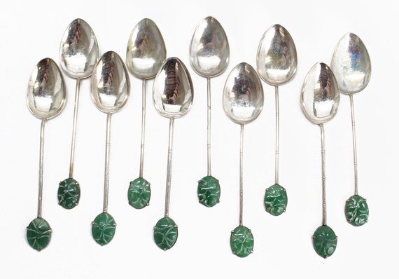 Sterling Silver Spoons With Carved Jade, Hong Kong Silver, Set of
