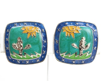 Edgar Berebi Enamel Clip On Earrings with Cactus and Sun, Southwestern Style Jewelry