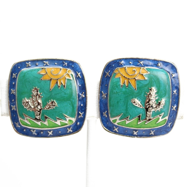 Edgar Berebi Enamel Clip On Earrings with Cactus and Sun, Southwestern Style Jewelry