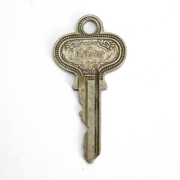 One Vintage Russwin Key Made In USA, One Ornate Fancy Bronze Key for Stamping, Jewelry Charms, Collectors Key, Key Charm