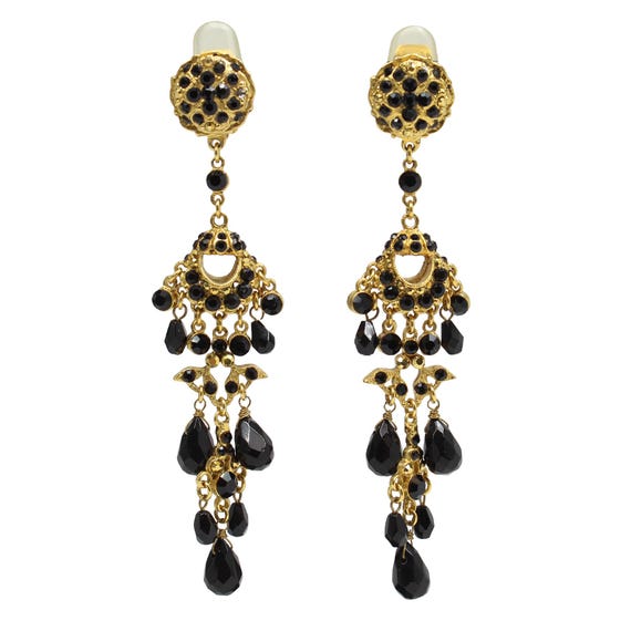 Vintage Barrera Gold and Black Crystal Dangle Earrings, Long