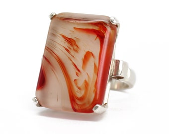 Carnelian Banded Agate Ring 14k White Gold, Size 5.25 US,  Art Jewelry Statement Ring