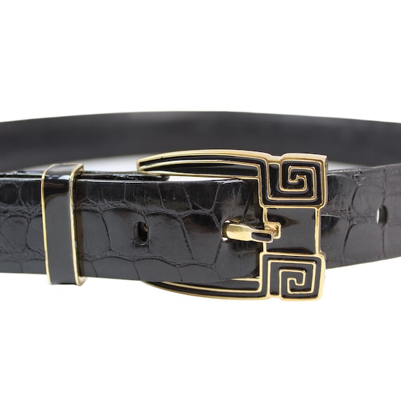 Judith Leiber Black Leather Belt, Vintage Gold Tone Buckle Designer Belt