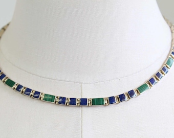 Sterling Silver Choker Necklace with Lapis Lazuli & Malachite Inlay