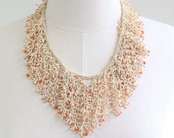 Coral Branch Seed Bead Necklace, Off White and Peach Color Fringe Necklace, Bib Statement Necklace for Beach Wedding