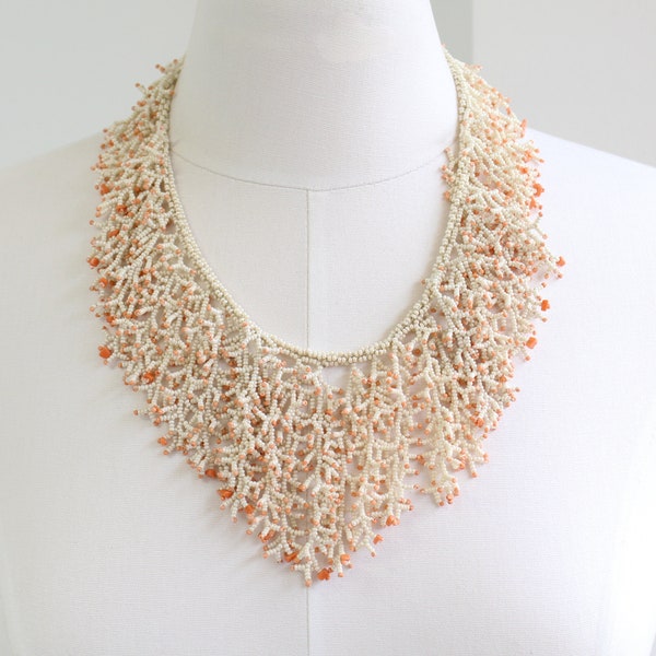 Coral Branch Seed Bead Necklace, Off White and Peach Color Fringe Necklace, Bib Statement Necklace for Beach Wedding