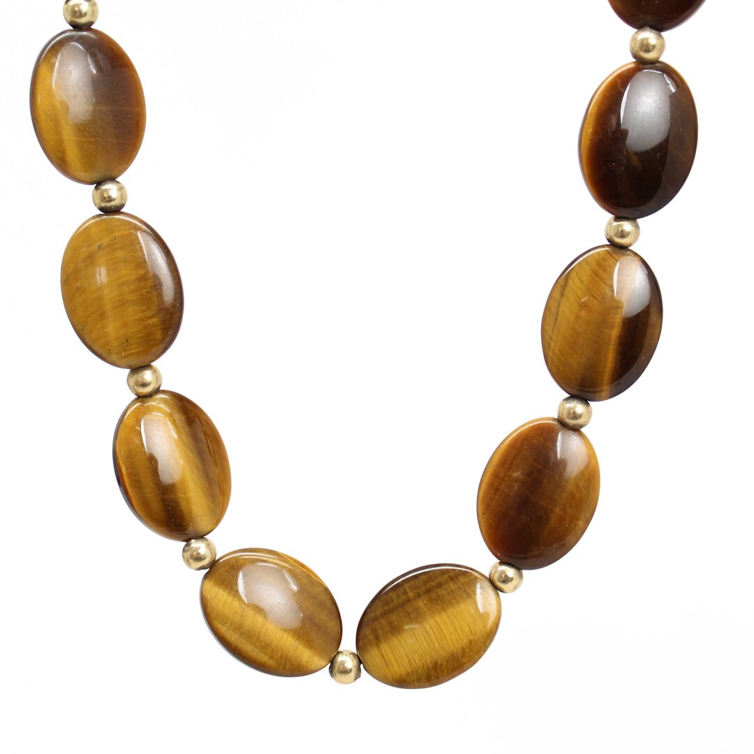 Vintage Tigers Eye Oval Bead Necklace for Women With Gold Tone Beads