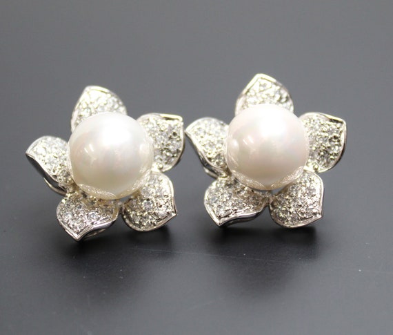 Vintage Faux Pearl and Rhinestone Stud Earrings, … - image 6