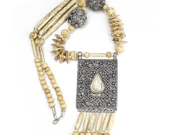 Tribal Style Glass Bead Necklace, 29 Inch Bohemian Silver Tone Drop Strand