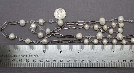 Cream & faux pearl  bead necklace  #308 Beautiful 36" long silver tone chain 